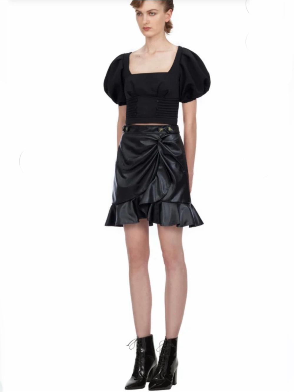 Self-Portrait Black Faux Leather Ruffle Flounced Mini Skirt